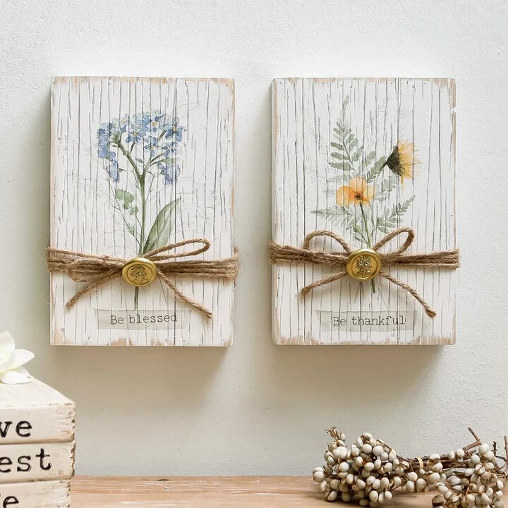 Original Barn Floral Wooden Signs Pair Be Blessed Thankful Distressed Farmhouse